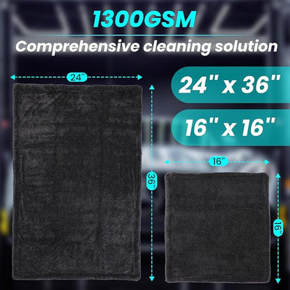 2 Pack 1300 GSM Car Drying Towel,Double-Sided Microfiber Towels for Cars(24'' x 36''&16 ''x 16''),Extra Large Ultra Absorbent,Without Residual Lint,Scratches or Water Spots