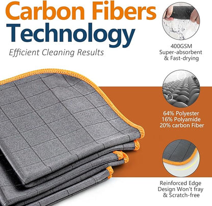 Airlab Carbon Microfiber Towels for Car Glass Window Polishing Cleaning Cloth Auto Detailing Lint Free Streak Free Drying Car Wash Towel, Pack of 3, 12" x 12", Grey-Orange