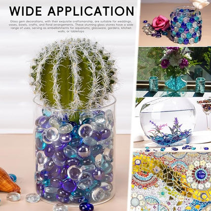 1 LB Blue Mix Color Glass Marbles, Mini Flat Glass Beads~150PCS for Vase Fillers, Floral Bottom Mancala Gems Pebbles Fish Tank Rocks for Table Aquarium,Home Decor Art Craft Supplies(0.5"~0.7")