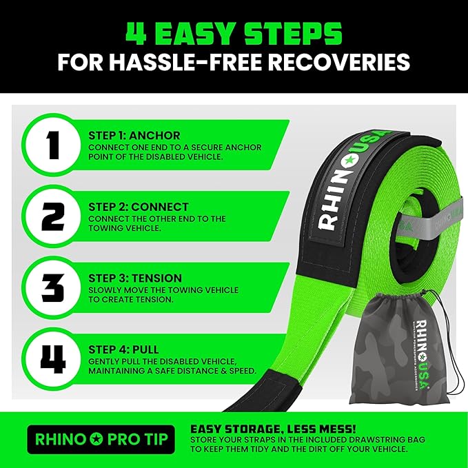Rhino USA Recovery Tow Strap (4" x 30') - 40,320lb Break Strength - Emergency Recovery Strap Tow Rope for Diesel Trucks, Backhoe, Excavators & More - Heavy Duty Towing Strap for Offroad 4x4 Use