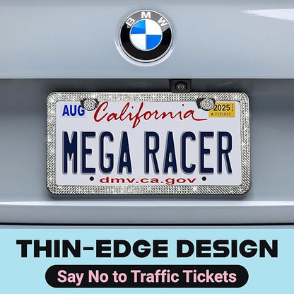 Dazzling Bling License Plate Frames for Women - 2 Pack, 1600 Premium Rhinestones, Rust-Free Stainless Steel, Street Legal Slim Design, Sparkly Diamond Car Tag Holders with Glitter Crystal Screw Covers