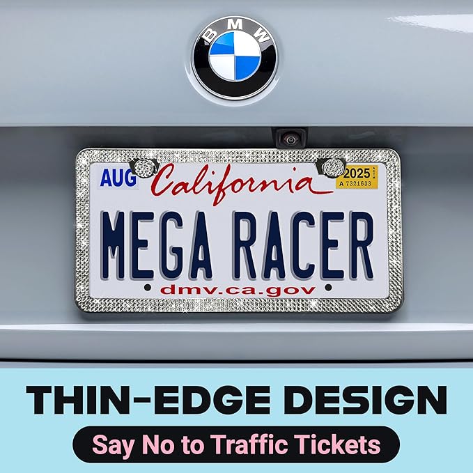 Dazzling Bling License Plate Frame for Women - 1 Pack, 800 Premium Rhinestones, Rust-Free Stainless Steel, Street Legal Slim Design, Sparkly Diamond Car Tag Holder with Glitter Crystal Screw Covers