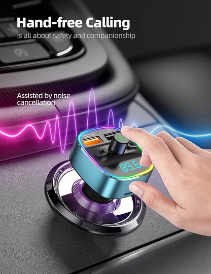 Nulaxy Bluetooth FM Transmitter, Bluetooth Car Adapter with Dual USB Charging Car Charger, MP3 Player Support, TF Card & USB Disk, Hands-Free Calling, 7 Colors LED Backlit Light-Blue