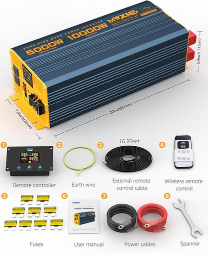 5000 Watt Power Inverter Pure Sine Wave 12V DC to 110V 120V 10000W Peak Heavy Duty Inverter with Remote Control and LED Display, 4 USB/Type-C Ports & 2 AC Outlets Car Charger for Vehicles RV