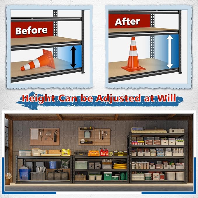 55" W Storage Shelves, 2550LBS Garage Shelving Heavy Duty, 5-Tier Heavy Duty Shelving, Adjustable Metal Shelving Unit for Garage, Warehouse, Pantry, Kitchen, 55" W × 24" D × 72" H, Black