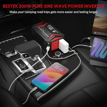 BESTEK 300Watt Pure Sine Wave Power Inverter [30W PD USB-C] Car Adapter DC 12V to AC 110V with QC3.0 USB Ports, Multi-Protection Car Charger Power Inverter for Vehicles