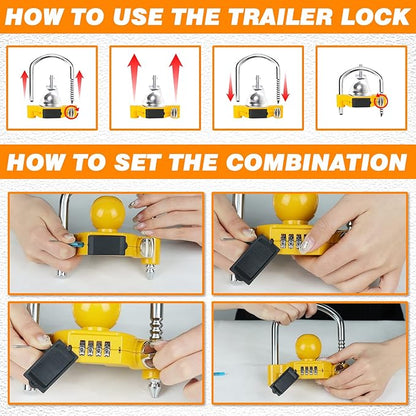 Funmit Trailer Lock Universal Hitch Lock with Combination Lock, fit 1-7/8", 2", 2-5/16" Coupler, Camper Accessories for Travel Trailers Boats Trucks Rvs Yellow