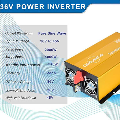 2000W Pure Sine Wave Inverter-36V DC to 110V 120V AC Power Converter with 2 AC Outlets, 36 Volt Power Inverter for Truck, Rv, Camping, Home, Emergency Power