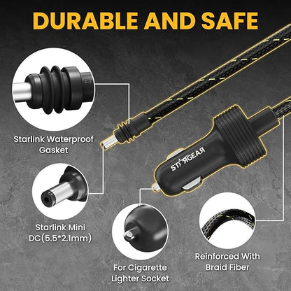 Starlink Mini Cable 12V Power Cable 3M/10FT, Braided Wear-Resistant Starlink Mini Accessories Cigarette Lighter to DC Cord, 12V-48V Car Charger Car Adapter