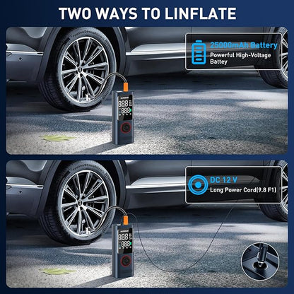 Tire Inflator Portable Air Compressor - tire inflator 25000mAh & 160PSI，4X Fast portable air compressor with LCD Digital Tire Gauge Pressure，Cordless air pump for car tires,bike, Motorcycle, Ball