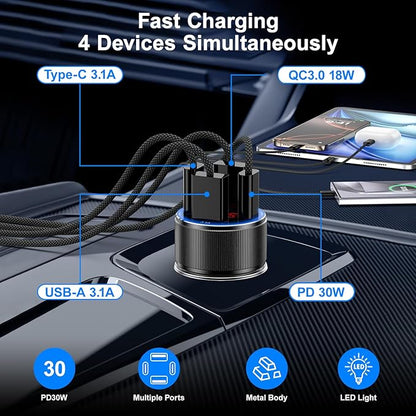 Car Charger for iPhone 16 15 Pro Max, Besgoods 4-Port Cigarette Lighter Adapter USB C & USB A Car Phone Charger Fast Charging Voltmeter for Galaxy S24 S23 A15 A54 Android, 6ft USB C to C Cable