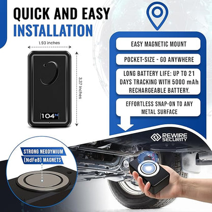 REWIRE SECURITY 104N 4G Magnetic GPS Tracker for Vehicle | Easy Mount | Fits with Car, Truck, Van & Motorbike | Portable Live Tracking | Up to 21-Day Battery Life | Low Cost Subscription Plans