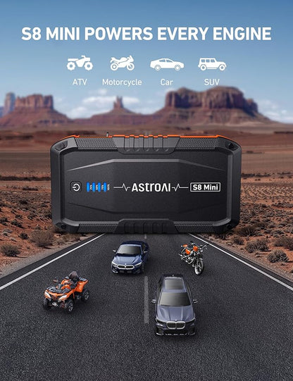 AstroAI S8 Mini Car Battery Jump Starter, 12V Portable Car Starter for Up to 6.0L Gas/3.0L Diesel Engine, Auto Battery Booster Pack, Lithium Jump Box with Jumper Cables & LED Light (Orange)