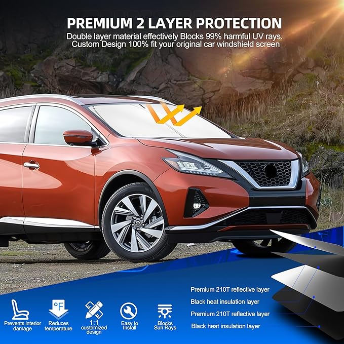 Windshield Sun Shade for Ni-ss-an Murano 2015-2024 Foldable Sunshade Custom Fit Front Window Car Interior Accessories Protector Blocks UV Rays
