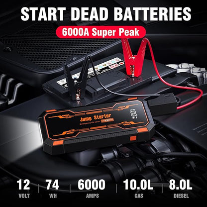 Car Jump Starter 6000A Car Battery Jump Starter Portable,12V Battery Jumper Starter Portable(10.0L Gas/8.0L Diesel),LCD Display Jump Box Jump Starter Battery Pack with Jumper Cable&Flashlight-Orange
