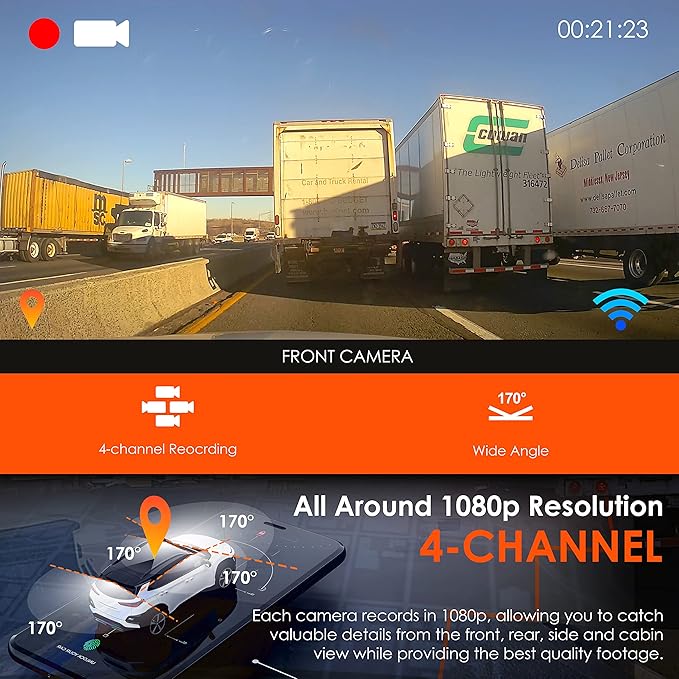 R4-4 Channel Dash Cam W/All Around 1080p Resolution, Wi-Fi, GPS, IR Night Vision, Parking Mode, Collision Detection, Type-C Port