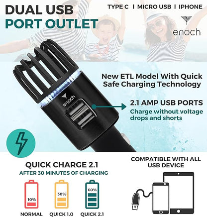 Enoch Car Air Purifier Premium Air Ionizer - 12V Plug-In Ionic Ozone Deodorizer Accessory with Dual USB Car Charger - Eliminates Cigarette Smoke, Pet and Food Odors, Dust (Black)