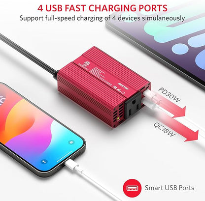 BESTEK [PD 30W&QC 3.0 18W USB Charger] 150W Car Power Inverter, DC 12V to 110V AC Converter Laptop Car Charger Outlet Adapter for car
