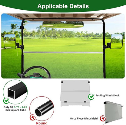 Golf Cart Mirrors Kit for EZGO Club Car Yamaha, No-Drilling Night Safety Reflective Design Golf Cart Side Mirror and Rear View Mirror Kit Universal Foldable and Adjustable Rotatable HD Glass