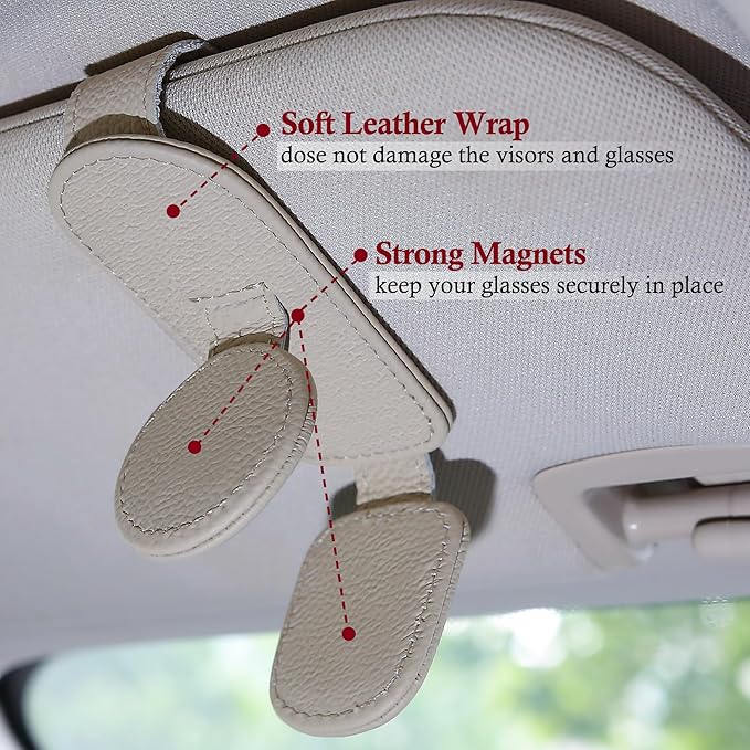 KIWEN Sunglasses Holder for Car Visor, Magnetic Leather Sunglass Eyeglass Hanger Clip for Car Sun Visor Accessories (1, Beige)