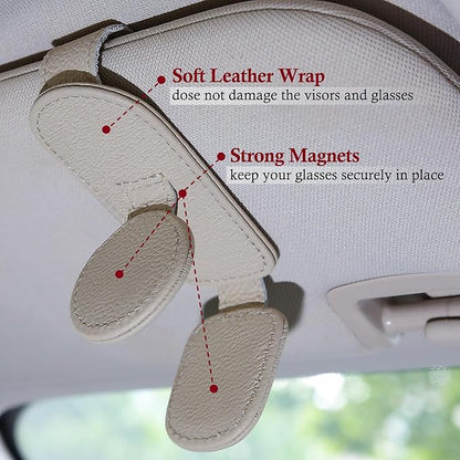 KIWEN Sunglasses Holder for Car Visor, Magnetic Leather Sunglass Eyeglass Hanger Clip for Car Sun Visor Accessories (1, Beige)