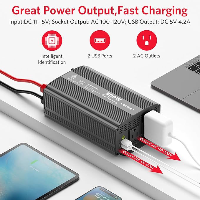500W Pure Sine Wave Power Inverter, DC 12V to 110V AC Car Plug Inverter Adapter with 4.2A Dual USB Charging Ports and 2 AC Outlets Car Charger (Black)