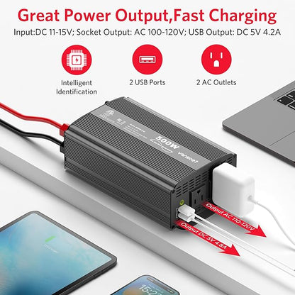 500W Pure Sine Wave Power Inverter, DC 12V to 110V AC Car Plug Inverter Adapter with 4.2A Dual USB Charging Ports and 2 AC Outlets Car Charger (Black)