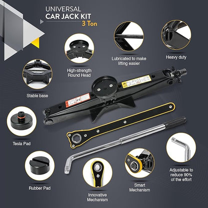 Car Jack Kit with Tesla Pad & Universal Rubber Pad | Scissor Jack for Car 3 Ton (6,600 lbs) - Tire Jack Tool Kit | Portable, Ideal for SUV and Auto - Universal Car Emergency Kit with Lug Wrench