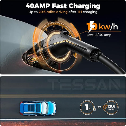 EV Charger Level 2, TESSAN 40A/240V Electric Vehicle Fast Charging Station for Home, Electric Car Charger Equipment 25ft Cable with Holder for Indoor, Outdoor, NEMA 14-50 Plug