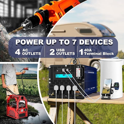 4000 Watt Inverter Pure Sine Wave Power Inverter 12V to 110V 120V AC, 7000W Surge Peak Power for 2s, 2025 New Invention, FCC Approved, Compatible with Lithium Battery,for Car Off-Grid Solar RV Vehicle