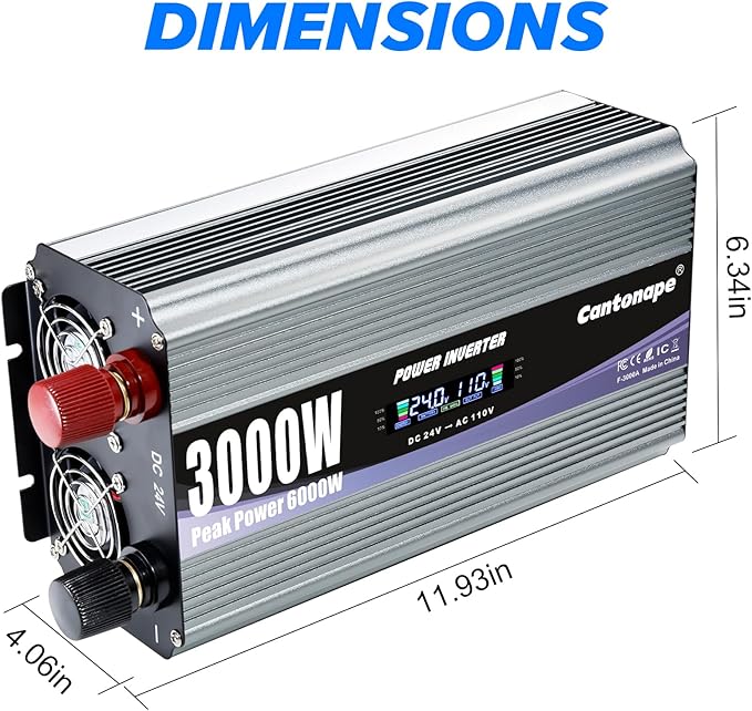 3000W Power Inverter 24V to 110V/120V DC to AC with LCD Display, Remote Controller and 4 x AC Outlets Car Adapter for Car Truck Boat RV Off Grid Solar System