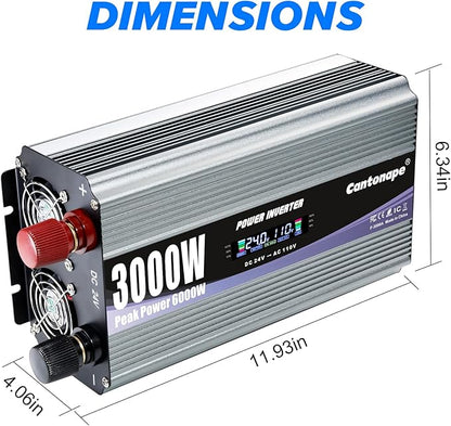 3000W Power Inverter 24V to 110V/120V DC to AC with LCD Display, Remote Controller and 4 x AC Outlets Car Adapter for Car Truck Boat RV Off Grid Solar System