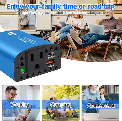 150W Car Power Inverter DC 12V to 110V AC Car Plug Outlet Adapter with PD 25W USB C & QC3.0 Car Laptop Charger-Blue
