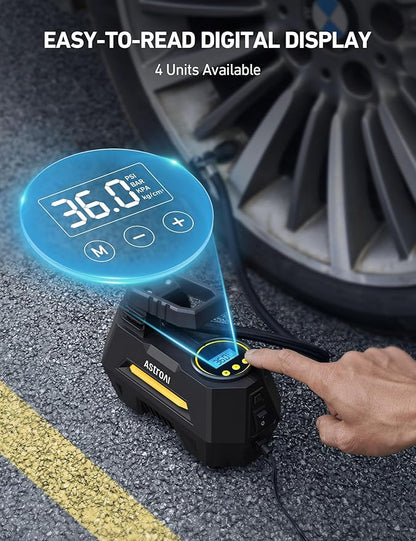 AstroAI Tire Inflator Portable Air Compressor Tire Air Pump for Car Tires - Car Accessories, 9.8Ft Cord 12V DC-Powered Auto Pump with Digital Pressure Gauge, LED Light for Bicycle, Balloons, Yellow