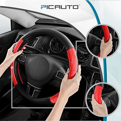 PIC AUTO Steering Wheel Cover, Silk Grain Leather Car Steering Wheel Protector, Comfortable Grip, Universal 14.5-15.5 Inch Anti-Slip Steering Wheels Accessories for Men & Women (Red)