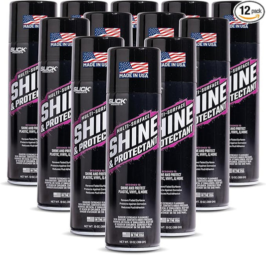 Slick Products Shine & Protectant, Long-Lasting High-Gloss Clear Coat Spray, Renew, Shine, and Protect Plastic, Vinyl, Rubber, Trim, and More (12-Pack)