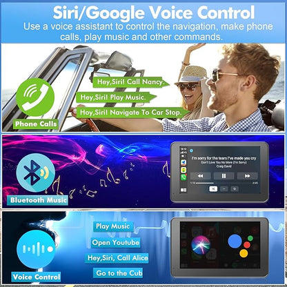 【Hieha】 2025 Wireless Portable Carplay and Android Auto, Carplay Screen for Car with Mirror Link/AUX/FM,7" Touchscreen Bluetooth 5.0, Marine Stereos for All Vehicles