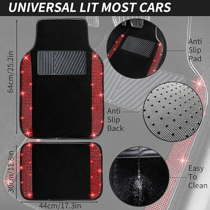 NBTEPEM Red Bling Car Floor Mats Full Set, Universal Fit Most Cars,SUV, Trucks, 4 pcs Sparkle Glitter Diamond Carpet for Women Girls with Anti-Slip Pad (Red Diamond)