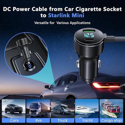 3-in-1 Starlink Mini Cable, Car Charger with Digital Display | 40W USB-C PD & 35W USB-A Ports | All-Weather Shielded Cable for RV, Truck, Boat (12V-48V) (16.4ft)