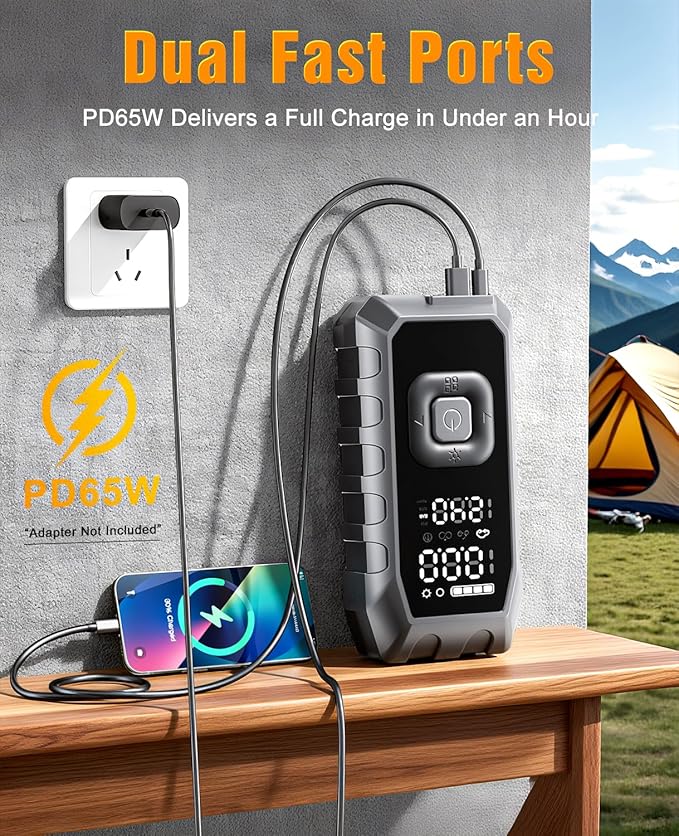 Tire Inflator Portable Air Compressor,65W Fast Charge 180PSI Cordless Electric Air Pump with Digital Pressure Gauge,Jump Starter Auto-Off for Car Bicycle Ball Inflatable,Battery Booster with Light