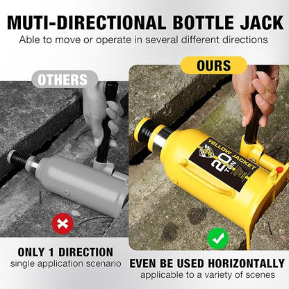 YELLOW JACKET 20 Ton Muti-Directional Welded Bottle Jack (40,000lb), Horizontal Bottle Jacks Use for Car, Pickup, Truck, RV, Auto Repair, Hydraulic Bottle Jack, Yellow