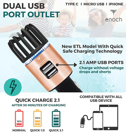 Enoch Car Air Purifier Premium Air Ionizer - 12V Plug-In Ionic Ozone Deodorizer Accessory with Dual USB Car Charger - Eliminates Cigarette Smoke, Pet and Food Odors, Dust (Rose Gold)