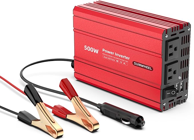 SUNWHEEL 500W Power Inverter DC 12V to 110V AC Car Inverter with 2 x 3.1A USB Ports and Dual AC Outlet, Equipped with 1 Cigarette Lighter and 2 Battery Clamps for Road Trip and Camping