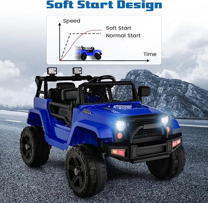 OLAKIDS Kids Ride On Truck, 12V Electric Vehicle Car with Remote Control, Toddlers Battery Powered Toy with 2 Speeds, Spring Suspension, Double Open Doors, LED Lights, TF, Music, USB, Mp3 (Blue)
