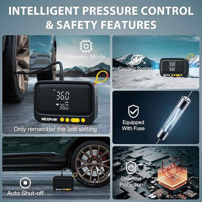 NEXPOW Tire Inflator Portable Air Compressor, 150 PSI Cordless Air Pump for Car Tires with Digital Pressure Gauge & Auto Shut-Off, Air Compressor Portable for Car, Motorcycle, Bicycle, Balls, Yellow