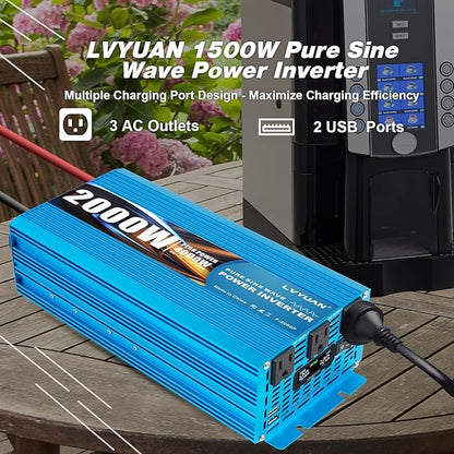 LVYUAN 2000 Watt Pure Sine Wave Inverter 12V to 110V 120V DC to AC with LCD Display, 3 U.S. Outlet, USB Charger Ports, Car Power Inverter for Vehicles, RV, Outdoor, Home