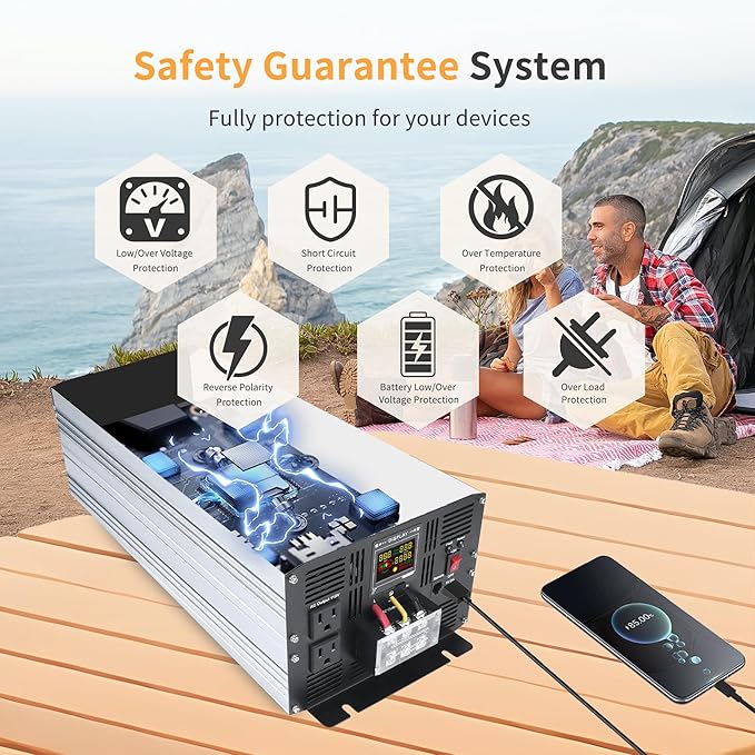 4000 Watt Pure Sine Wave Power Inverter DC 12V to 110V/120V AC Converter with 2 AC,5V 2.4A USB Charging Ports, Car Solar Power Inverters with LCD Display for Home RV Truck