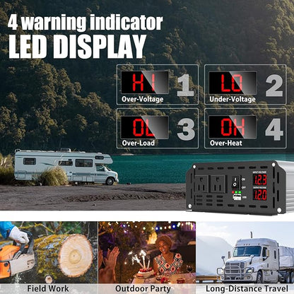 Power Inverter 3000 Watt, DC 12V to AC 110V 120V Converter Car Modified Sine Wave Power Inverter with Dual Sockets, USB Port, LED Display for RV Truck Boat Solar Car Emergency Off Grid