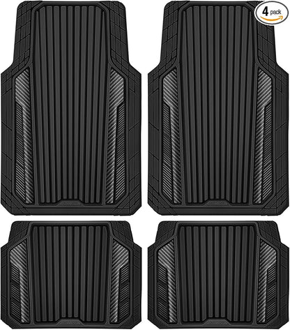 CAR PASS Heavy Duty Rubber Car Mats Metallic,Aluminum Film All Weather Floor Mats Waterproof Universal Trim to Fit SUVs Sedans Vans 4 Piece Anodized Deep Dish Two-Tone Sporty Carbon Fiber Black Chrome