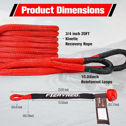 FieryRed 3/4” x 20FT Kinetic Recovery Rope Kit with 2 Soft Shackles, 26500LBS MBS Heavy Duty Tow Rope Snatch Strap Offroad for SUV, Truck, Car and Tractor